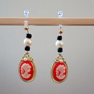 Handmade Red Cameo Earrings w/ Faux Pearls